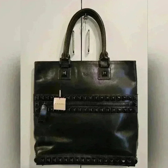 SOLD!! Burberry Men's Black Glazed Leather Studded Tote $1330 - Picture 2 of 16